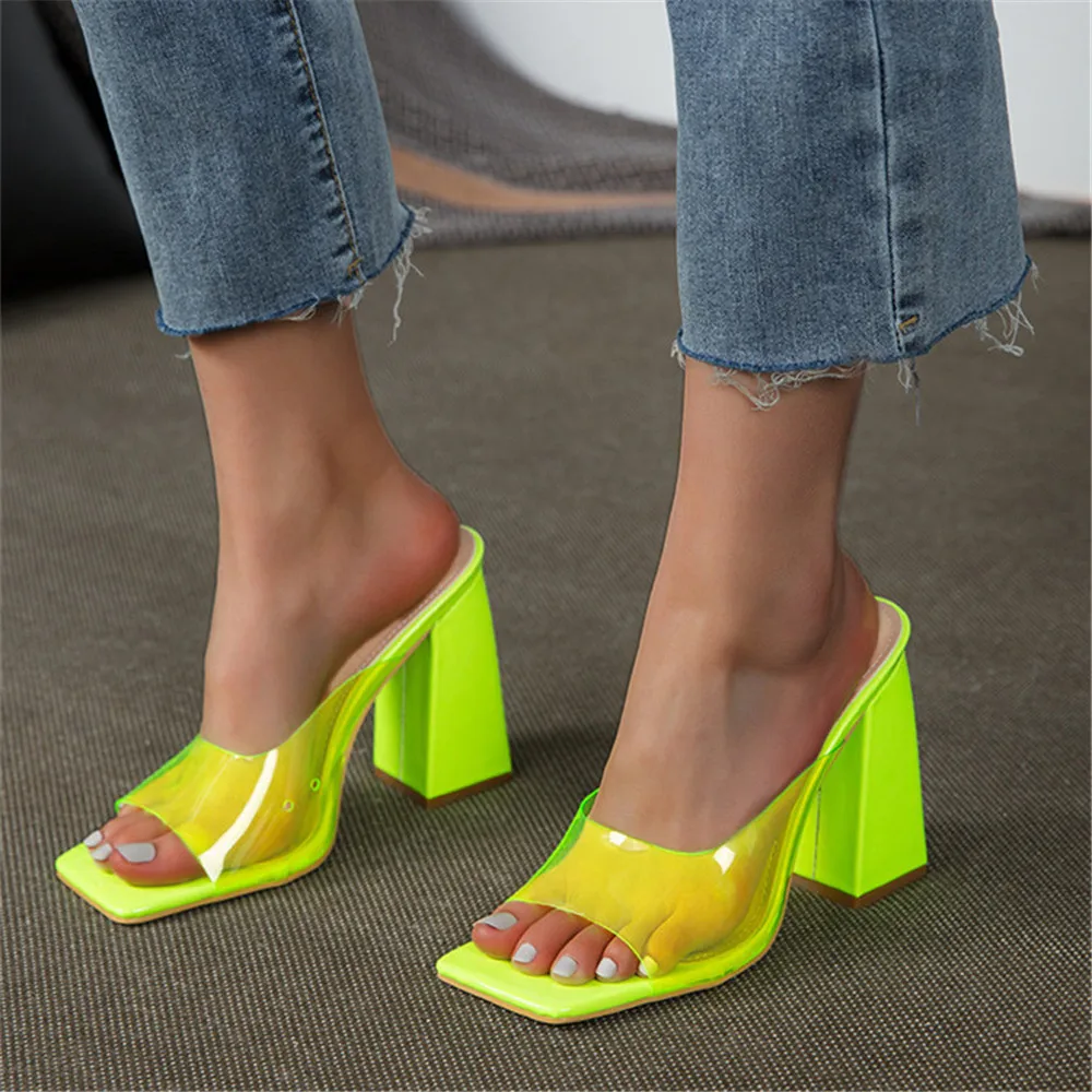 

Fashion Candy Color Sandals Women Slippers 2024 Summer New Square Head Mules 11 CM Thick Heels Cool Shoes For Female Large 36-43