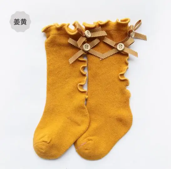 yellow ear bow Весенне-осенние хлопковые носки детские носки с бантом для маленьких девочек теплые гольфы до колена с бантом для новорожденных - Цвет: yellow ear bow