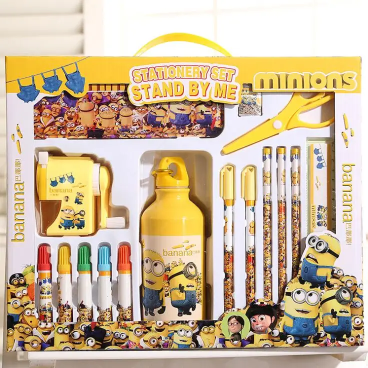 

Kawaii Cartoon Minions Kettle Pencils With Eraser Pencil Box Crayon Sharpener Stationery Set Kids Birthday Gift