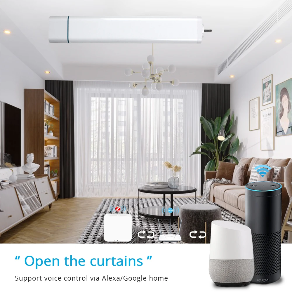 US $135.77 Intellithings Zigbee Tuya Smart Curtain Slide Motor With Customized Curtain Track Alexa Google Home Timer Remote Control
