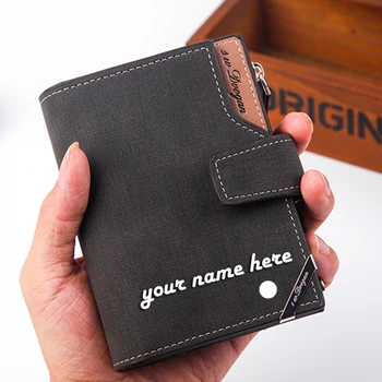 

Fashion Men Short Wallets Custom Engraved Name Personalized Gift for Men Him Card Holder Purse Wallet with Zipper Coin Pocket