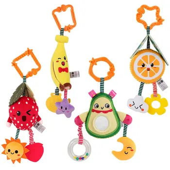 

4pcs/set Baby Wind Chime Stroller Pendant Soothing Plush Toy 0-1 Years Old Fruit Shape Rattle With Tooth Gum