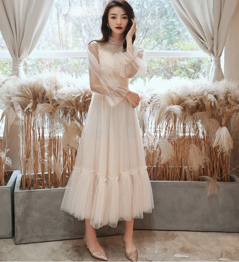 

New Elegant Muslim Tea Length Evening Dress 2020 High Neck Ruffles Lace Prom Formal Gowns Abendkleider Vestido De Fiesta