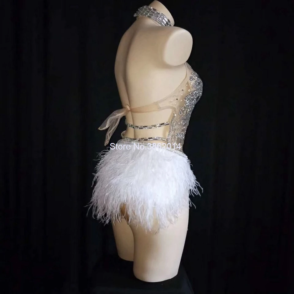 odysuit-with-gloves Sparkly Silver Crystals Mesh Bodysuit Women Feather Leotard Outfit Female Bar Dance Stage Party Dance Costume Celebrate Dress 