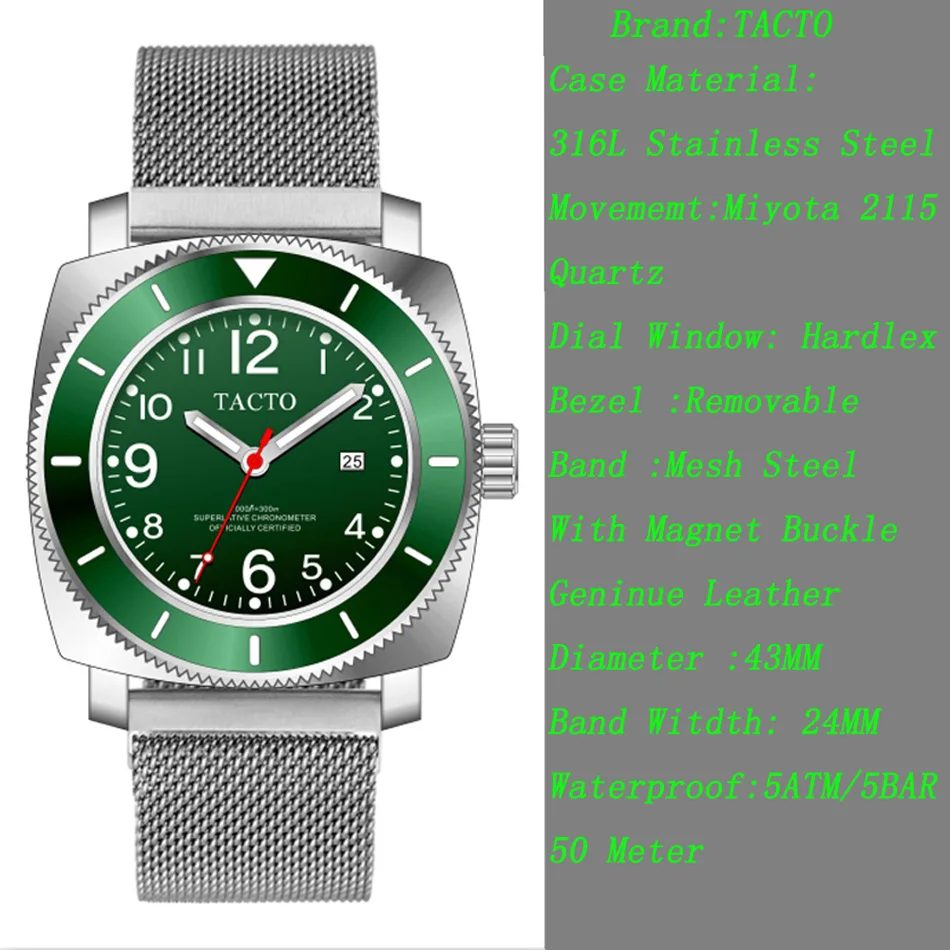 panerai watch TACTO High Quality Mens Watches Top Brand Luxury Sports Watch Steel Miyota Quartz Black Luminous Hands AAA Watch