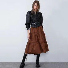 ZA новая осенняя и зимняя миди-юбка с высокой талией Женская мода плиссированная и голень юбка сплошной цвет свободная повседневная юбка