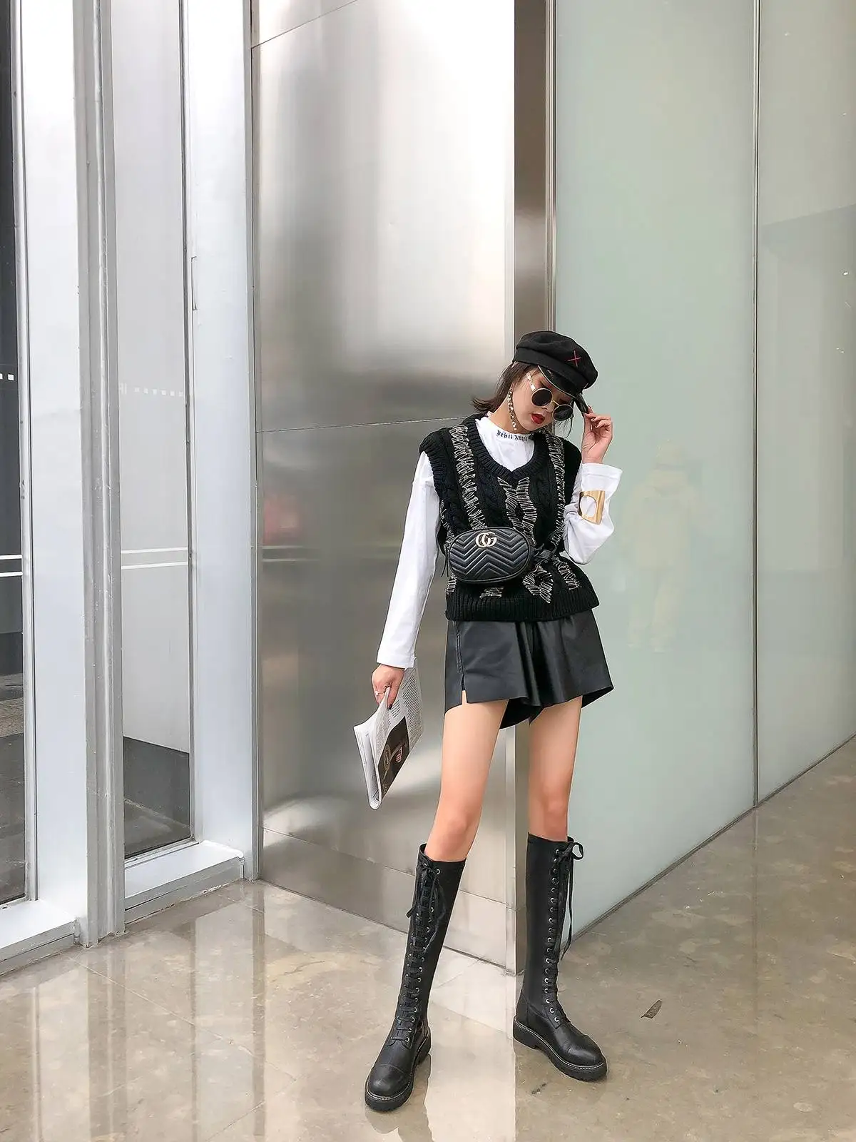 Lenkisen motorcycle boots stretch fabric cow leather med heels round toe lace up rivets winter keep warm knee high boots L0f1
