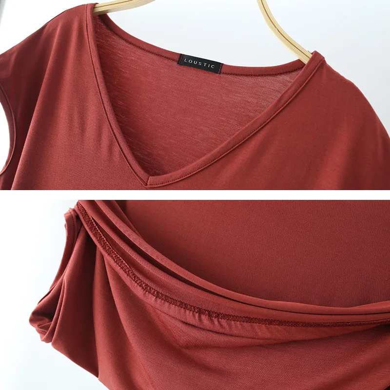 Solid V Neck Basic Tshirt Women summer modal Loose Tee Tops Casual undershirt M to 2XL235_voghion.com