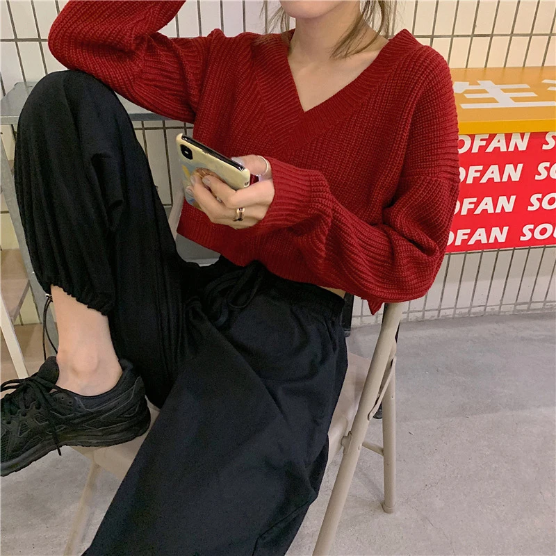 

Autumn Korean Style Women's Pullover Solid Casual Jumper Women Long Sleeve Crop Sweater With Bottons V-neck Sweater Woman 2020