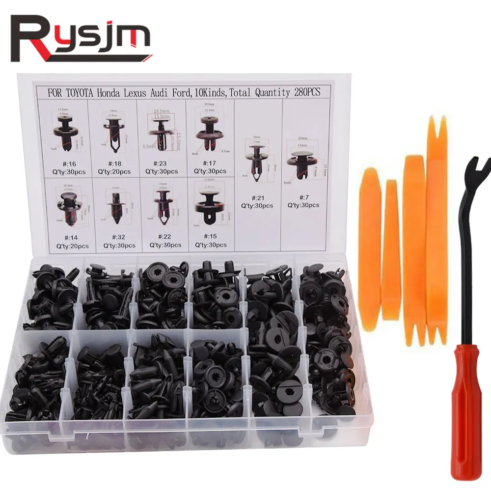 

280pcs 10 sizes Mixed Fastener Clip + Tool Car Fender Bumper rivet fixed Clip Fastener For Toyota Honda Lexus Audi Ford US
