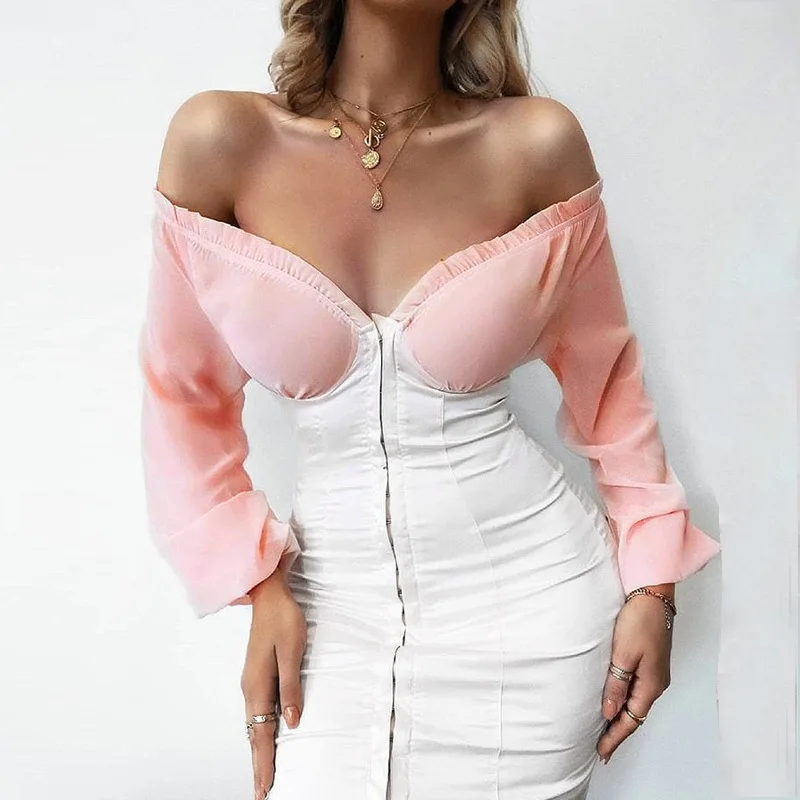 white Cryptographic Fashion Women's Bodycon Dresses Patchwork V-neck Lantern Sleeve Mini Dress Off Shoulder Bodycon Party Dresses - Цвет: white