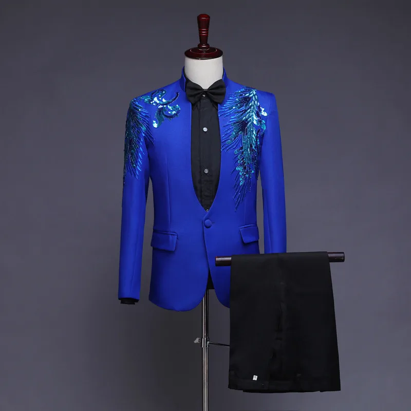 blue jacket pants Белый мужской блейзер, костюм для выпускного вечера, Мужской Блейзер, пиджак, костюм с бусинами, мужское платье выпускного вечера с длинным рукавом, мужской костюм, пиджак - Цвет: blue jacket pants