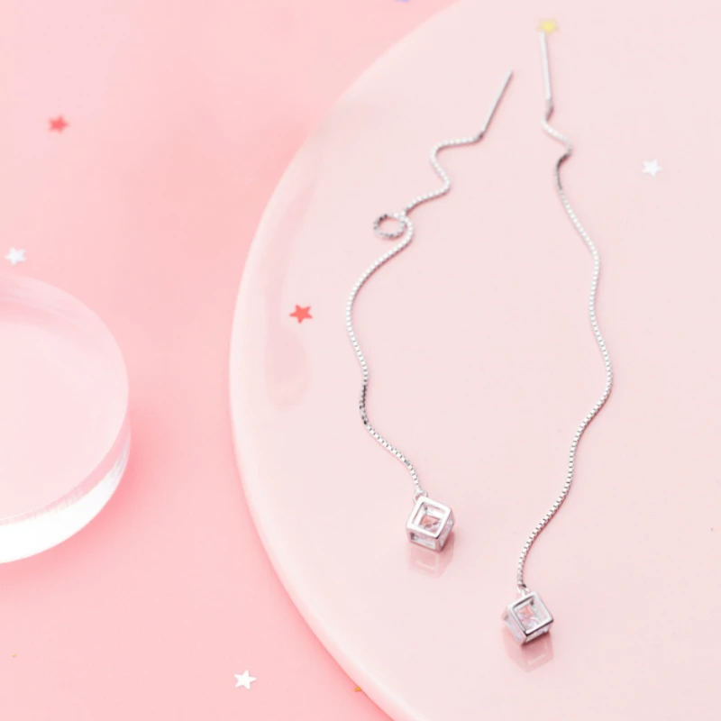 

Simple Silver Magic Cube Tassel Pendant Drop Earrings 925 Magic Cube Long Ear Line Earrings For Women Girl Fashion Jewelry