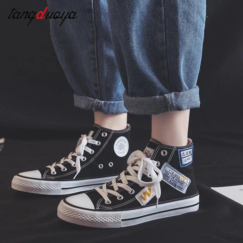 

black women canvas shoes white casual shoes for women lace up flats shoes vulcanized canvas sneakers high top zapatillas mujer
