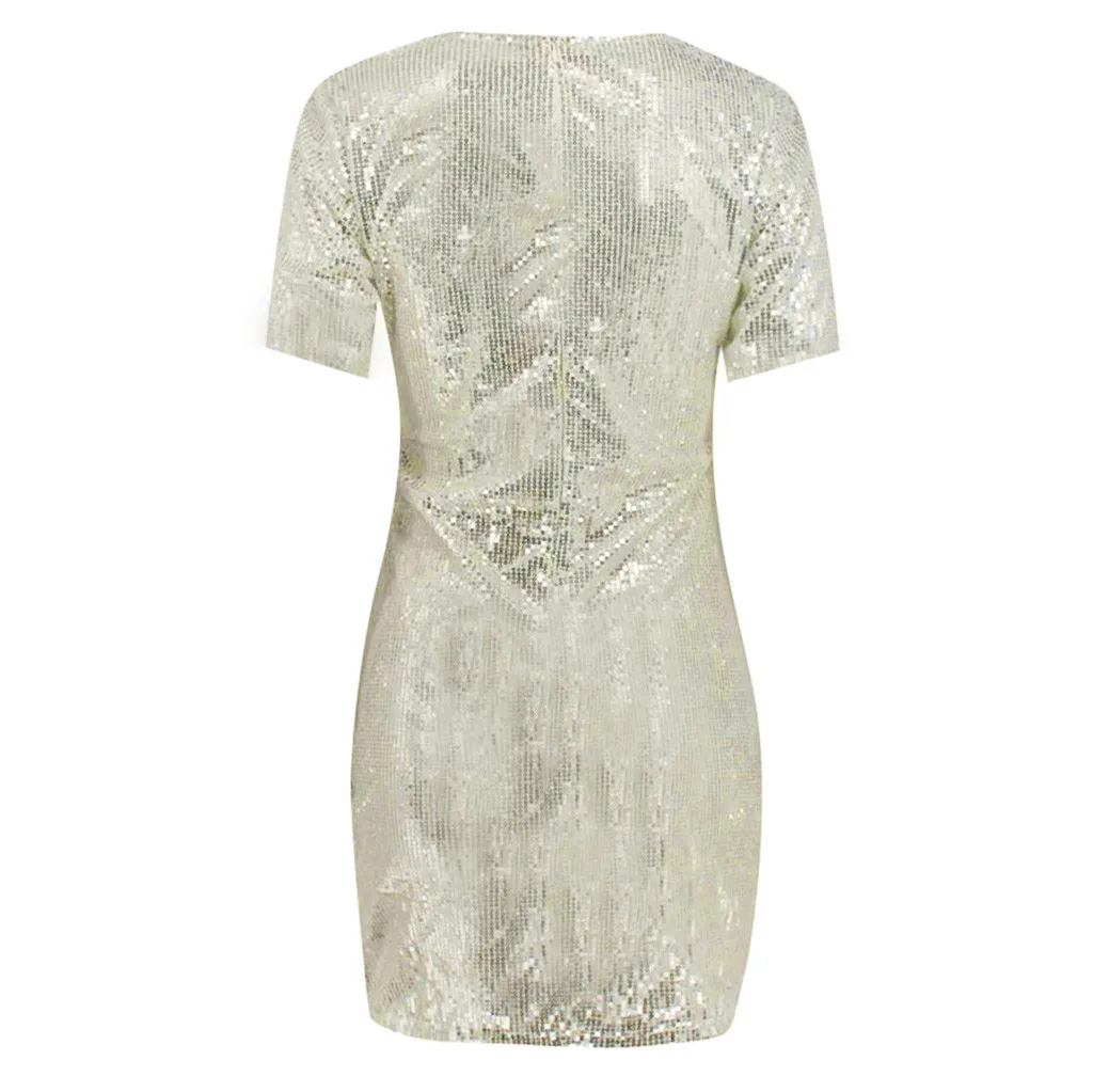 Womail Fashion Повседневное женское платье Для летних вечеринок сексуальное платье с v-образным воротом, сумка в стиле «Хип нерегулярные короткий рукав блестками Высокая талия мини-платье