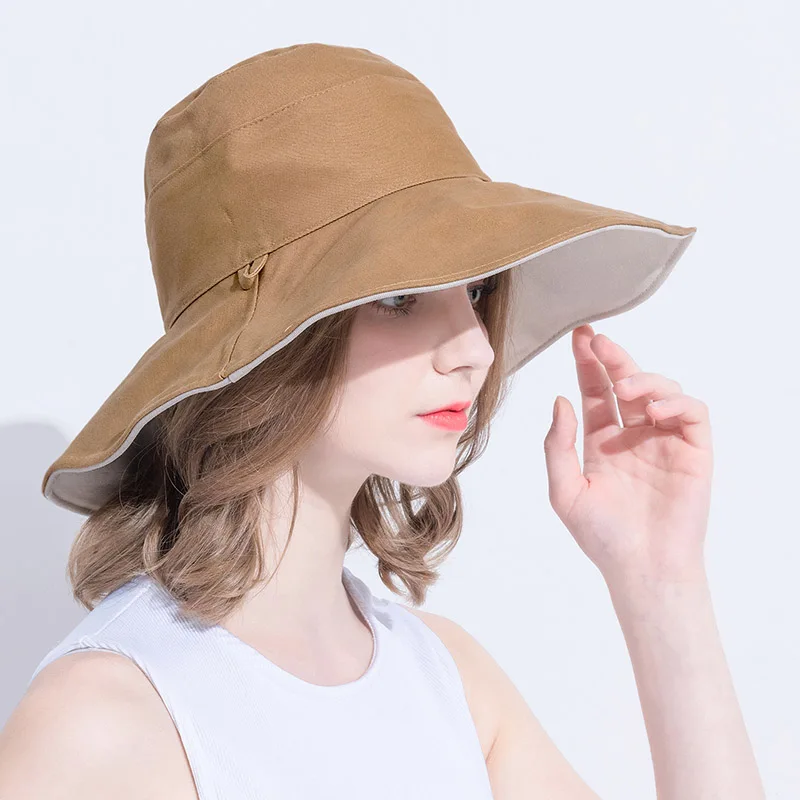Женская опракидывающая шляпа-ведро из чистого хлопка, однотонная модная летняя Солнцезащитная шляпа с широкими полями, хлопковые кепки для рыбаков, уличная струнная шляпа - Цвет: Color 1