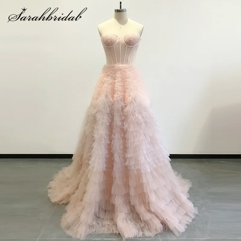 New Elegant Sweetheart Formal Evening Dresses Long Pink Tiered Dubai Women Arabic Prom Party Banquet Gowns Robe De Soiree 5773