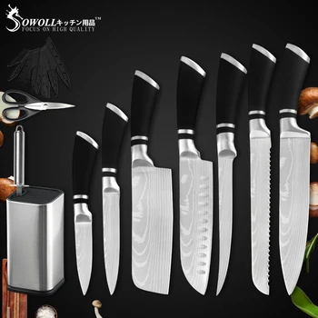 

Sowoll Chef Knife 12 Pcs Stainless Steel Japanese Santoku Slicing Paring Fillet Cleaver Kitchen Tool With Knife Holder Scissors