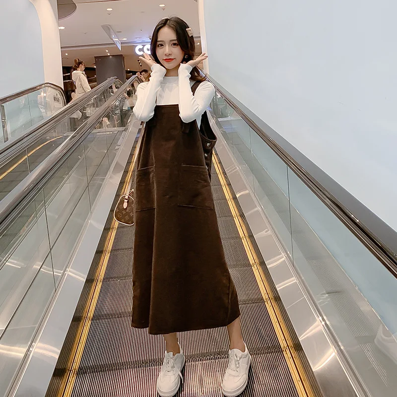 

Maternity Clothes 2019 Autumn & Winter Fashion New Style Corduroy Suspender Skirt Dress Two-Piece Set Fashion Pregnant Women Set