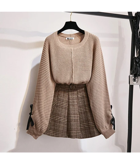 skirt Пуловер, вязаный свитер+ короткая юбка в клетку, костюм-двойка, Женский комплект teo, осенне-зимний комплект одежды - Цвет: skirt