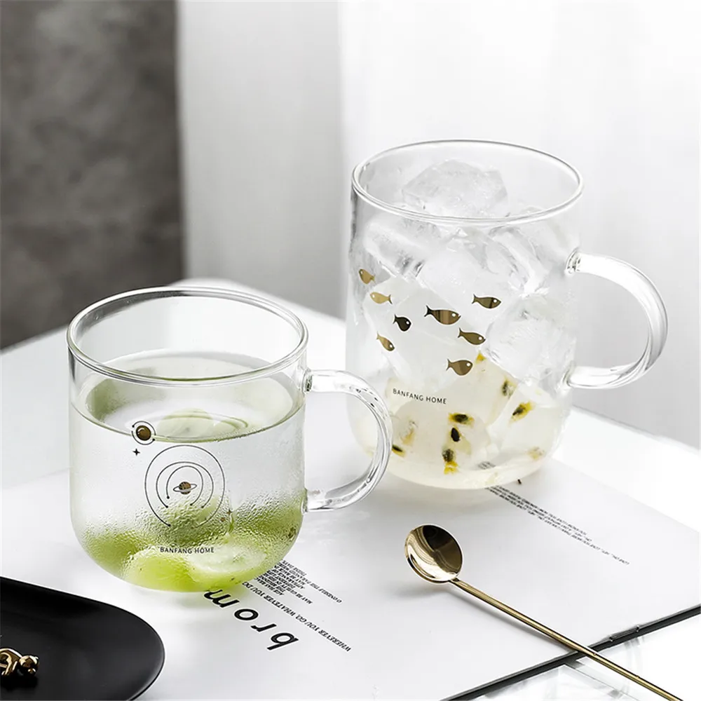 

Chic Glass Mug Fish Planet Gold Printing Breakfast Milk Juice Coffee Cup Crystal Transparent Mugs Handle Drinkware Couple Gifts