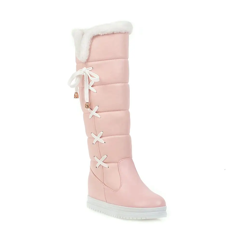 Сапоги до колена зимние сапоги женские зимние сапоги на низком каблуке теплая обувь на меху женские сапоги до колена с перекрестными ремешками черного и розового цвета k836 - Цвет: Розовый