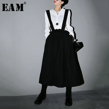 

[EAM] High Elastic Waist Black Double Layers Pleated Strapless Half-body Skirt Women Fashion Tide New Spring Autumn 2020 1S621
