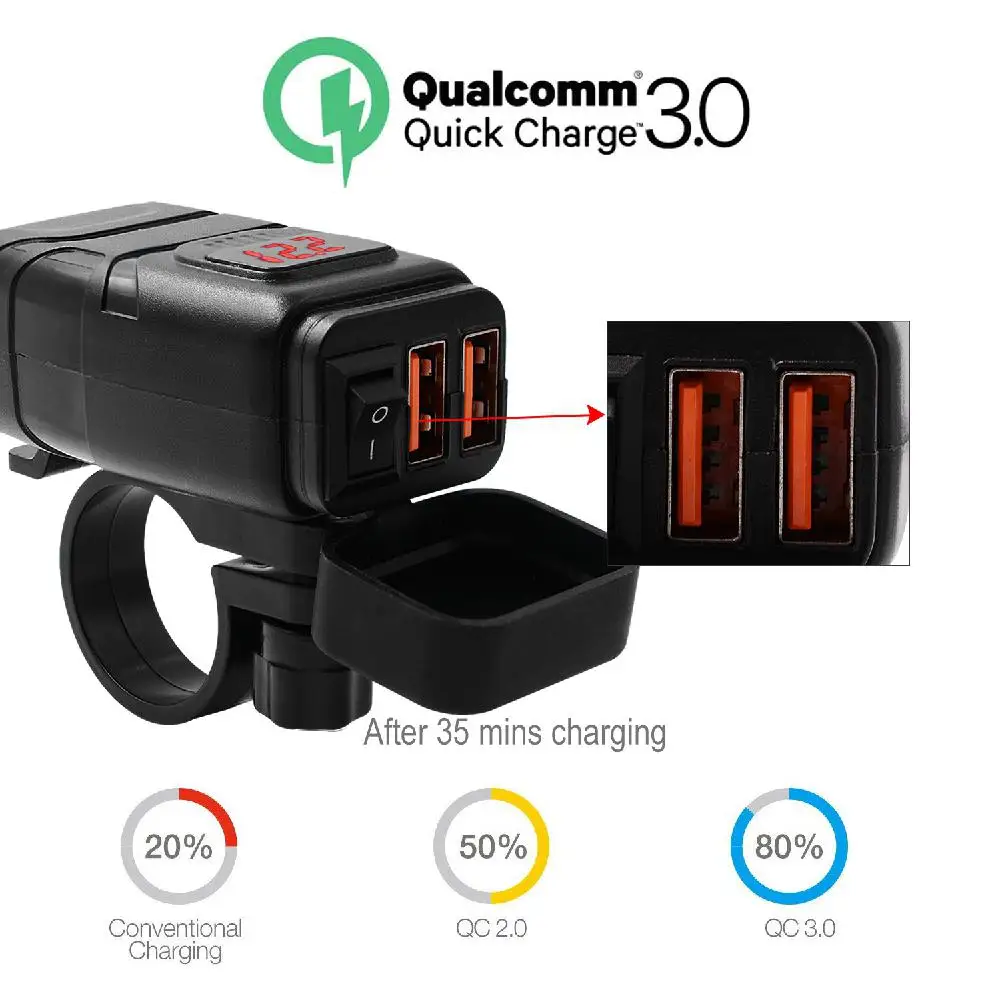 

Motorcycle Double USB Super Fast Charging+Voltmeter Waterproof QC 3.0 Quick Charge 12V Voltmeter Handlebar Mounting Bracket