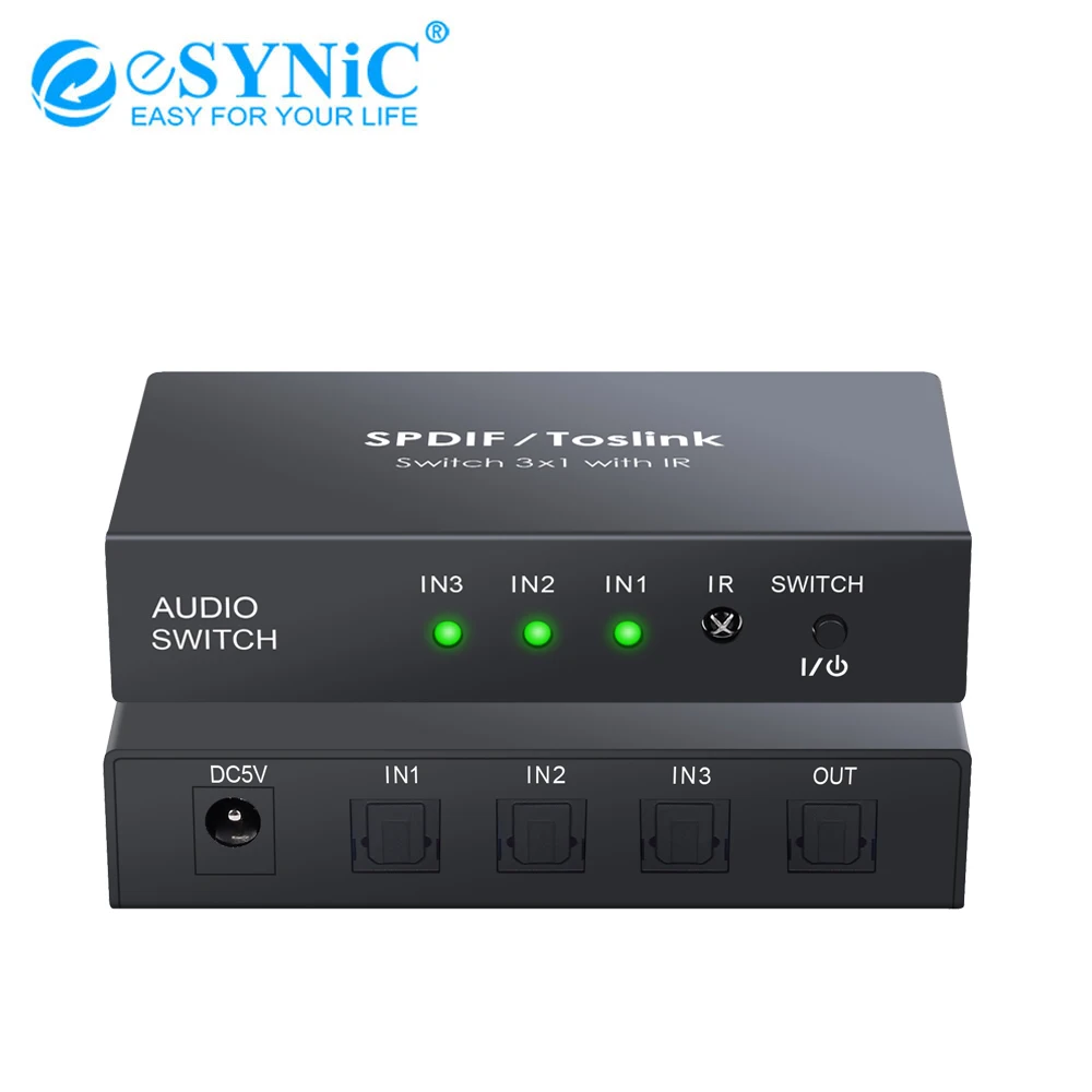 Esynic 3 Port Digital Optical Audio Switcher 3x1 Toslink Switcher Spdif