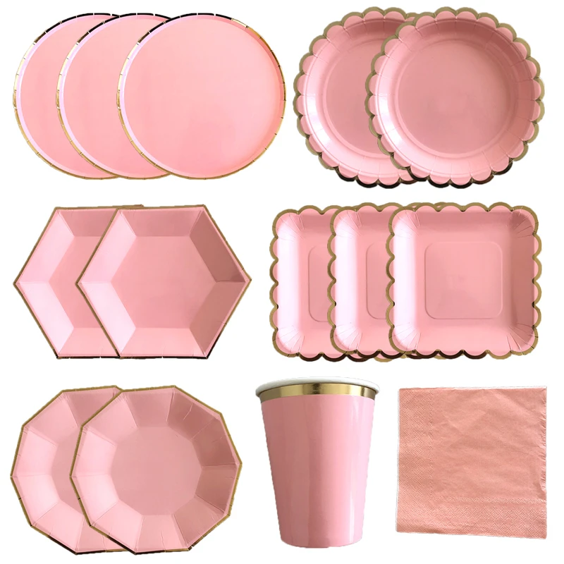 middelen Indirect Uitstekend Roze Wegwerp Servies Goud Roze Party Papieren Borden Servetten Cups Rietjes  Kinderen Verjaardagsfeestje Baby Shower Bruiloft Decoratie| | - AliExpress