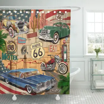 

Shower Curtain Vintage Route 66 Diner Motorcycle Waterproof Polyester Fabric 72 x 72 inches Set with Hooks