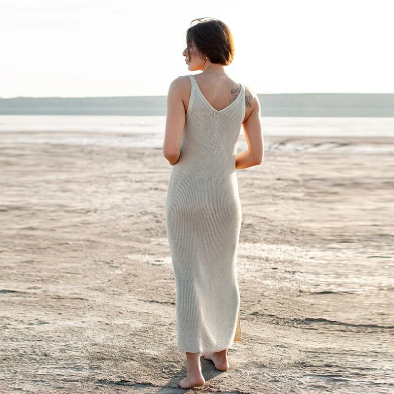 Sleeveless Knitted Beach Tunic Dress Women Hollow Crochet Bikini Cover Up Long Kaftan Cotton Swim Cover-Ups Robe De Plage