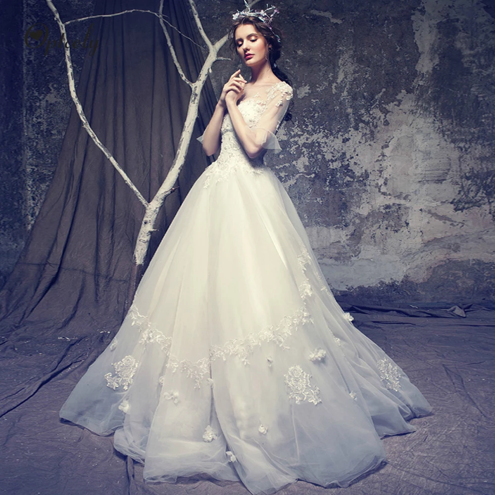 #Special Offers Optcely Romantische Half Flare Mouwen Hals A-lijn Witte Tulle Trouwjurk 2019 Trein Applicaties Kralen Prinses Bruid Toga
