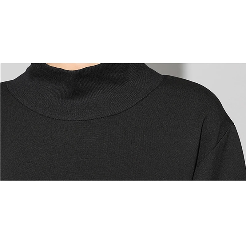 Большие размеры, черная винтажная Асимметричная женская футболка с высоким воротником и длинным рукавом, Осень-зима, свободная повседневная футболка, топы, Корейская одежда