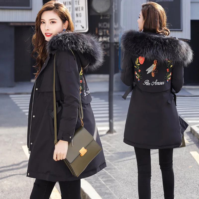 

Down Jacket Cotton-padded Clothes Mid-length Korean-style New Style 2018 Winter Loose Cotton Overcoat Embroidered Large Fur Coll