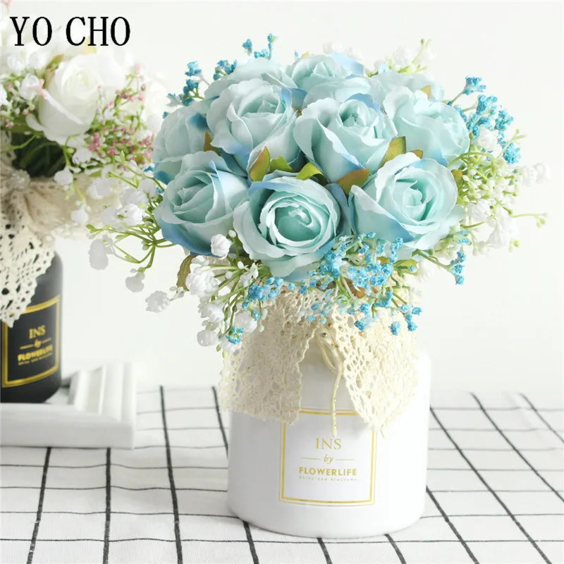 Wedding bouquets artificial rose flowers artificial gypsophila plants YO CHO Bouquet Bride Wedding Flower Bouquet Artificial Silk Rose Fake Babys Breath Pink Bridesmaid Hold Flower Wedding Supplies