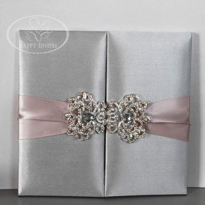 HI2003-97 Silver Silk Folio Wedding Invitation with Blush Pink Ribbon and Silver Buckle More Colors Available