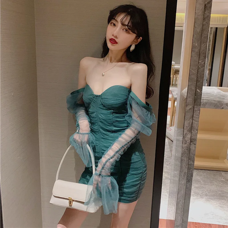 

Nightclub WOMEN'S Dress Sexy Elegant Debutante Slim Fit Gauze Joint Sheath Short Skirt Autumn And Winter Disco Dancing Clothing