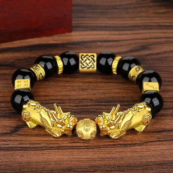 Fengshui Golden Color Pixiu Unicorn Obsidian Beads Bracelet Charm Lucky Wealth