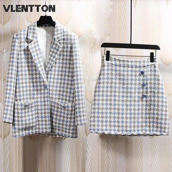 

2020 Spring Autumn Vintage Plaid Tweed Two Piece Set Women Single Button Blazer Jacket Coat+Mini Skirt Sets Office Female Suits