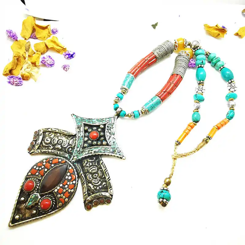 

Master Design Nepal Indian Copper Inlaid Stone Big Pendant Necklace BOHO Tibetan Jewelry TNL182