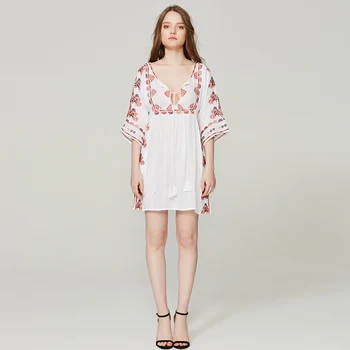 

New Bohemian Vintage Folklore Embroidered Vestidos Loose Tassels Three Quarter Boho Cotton Maxi Hippie Dress Gypsy Women