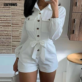 

White Playsuit Women Fashion Turn Down Collar Button Long Sleeve Jumpsuit Elegant Short Romper Casual One Piece Outfits Playsuit