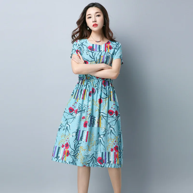 

Cotton Linen Short-sleeve Dress Women's Summer New Style 2019 Mid-length Slim Fit Slimming Retro Floral Flax Big Skirt