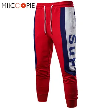 

Mens Sweatpants Red Drawstring Letter Printed Tactical Pants Color Block Patchwork Joggers Hip Hop Pantalones Hombre Trousers