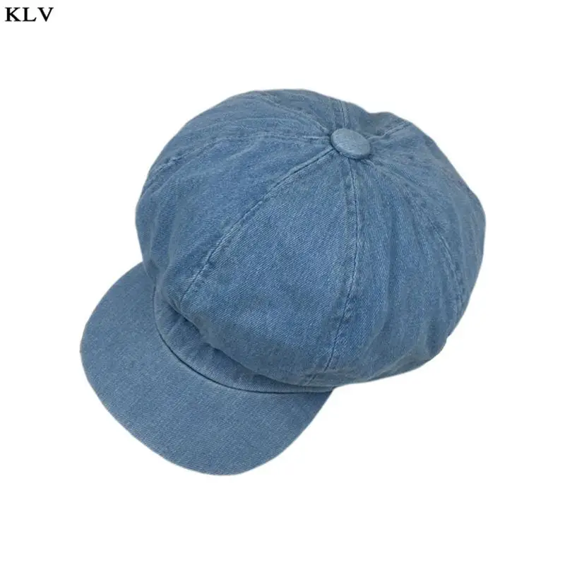 Light Denim Blue Для женщин Для мужчин Винтаж мыть синего джинсового цвета берет Кепки классические чайные кружки из 8-Панель восьмиугольная художник такси Регулируемый плоский козырек от солнца - Цвет: Light Denim Blue