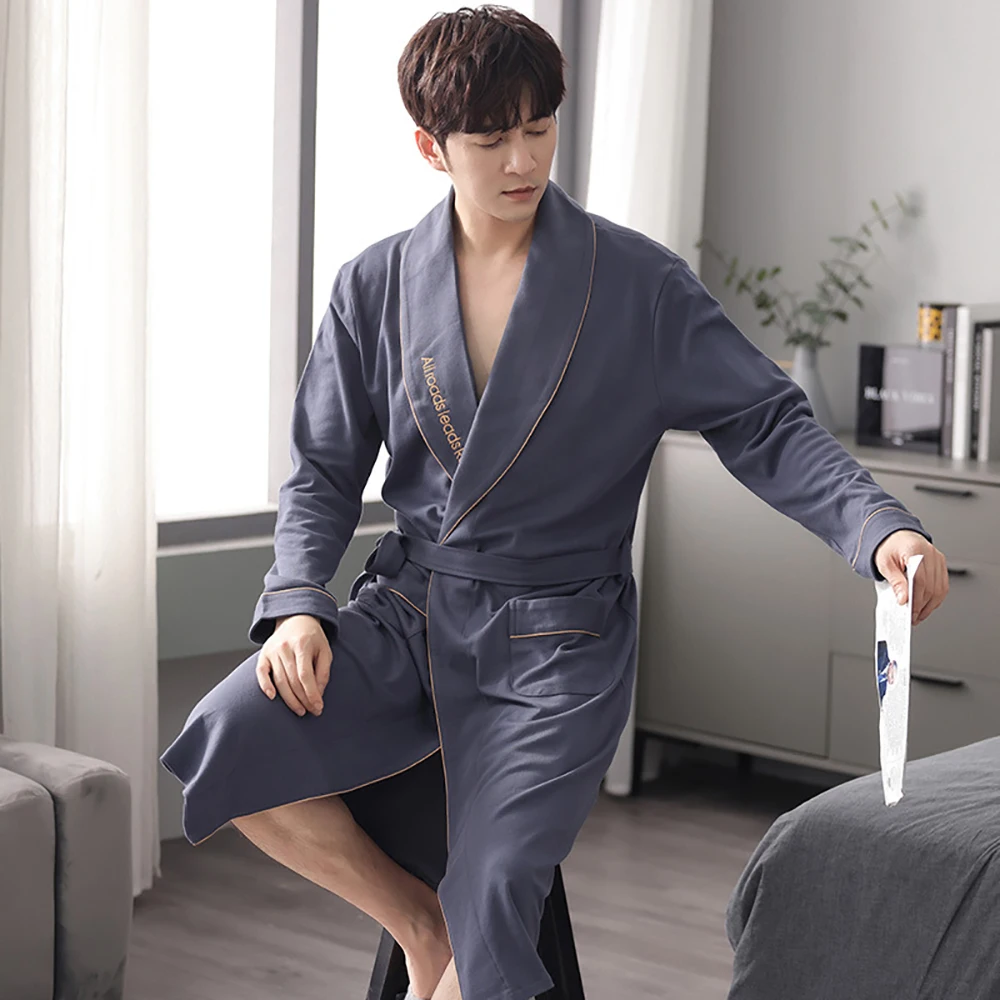 men's pajama sets 2021 Autumn Winter Loose Casual Bathrobe Men Dressing Gown Kimono Man Bath Cotton Long Sleeve V Neck Pijama Luxury Robe Dresses silk pajama pants Men's Sleep & Lounge