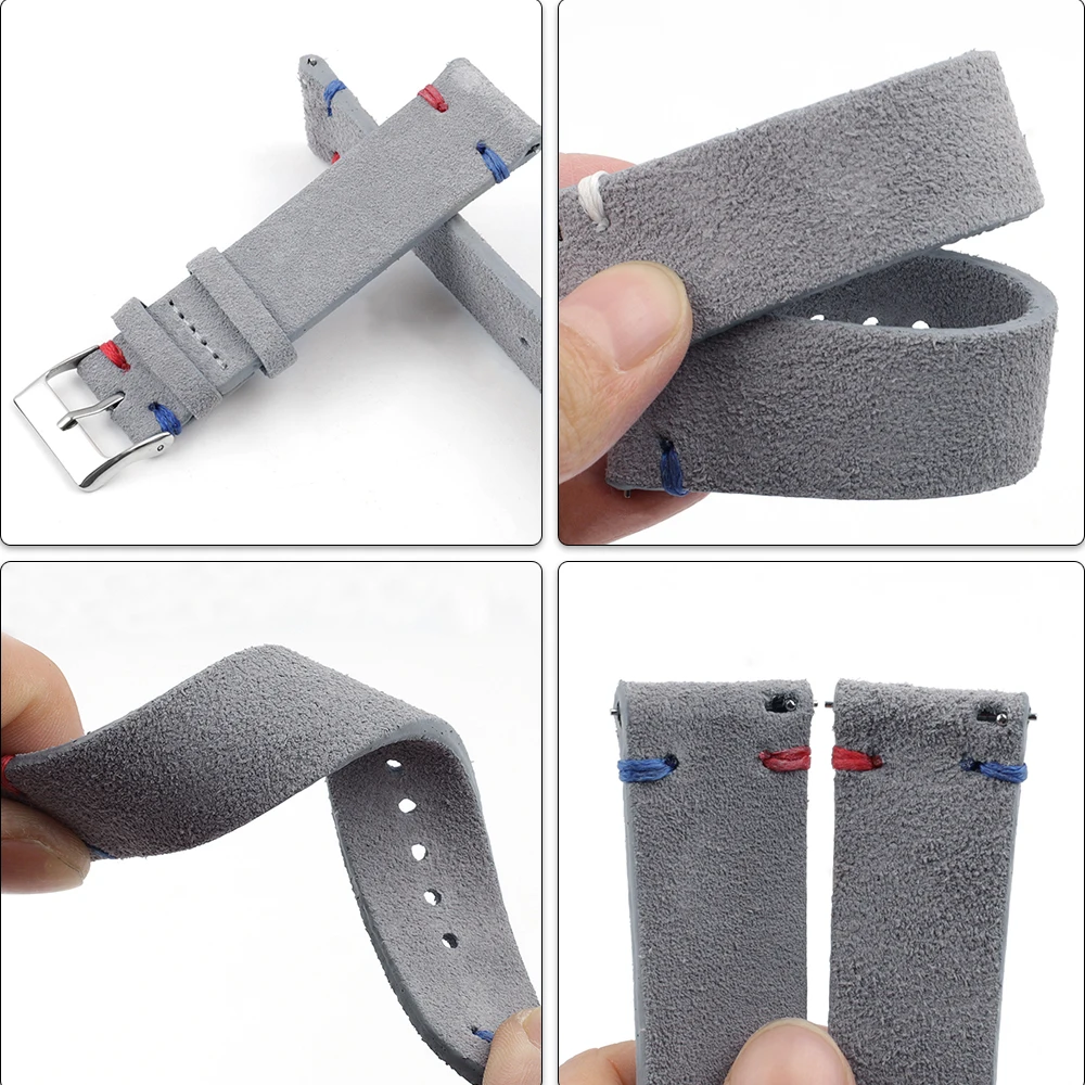 Premium Vintage Suede Leather Blue Watch Strap