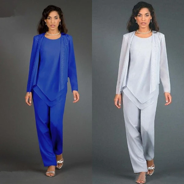 

Elegant Chiffon Mother Of The Bride Pant Suits Beaded Three Pieces Wedding Guest Dress Plus Size Cheap Blue Mother Groom Dresses