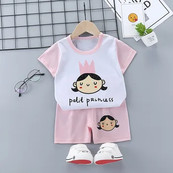 

Baby girl clothes summer cotton two-piece suit baby boy clothing short sleeve shorts cartoon bear stripe print casual baby suit